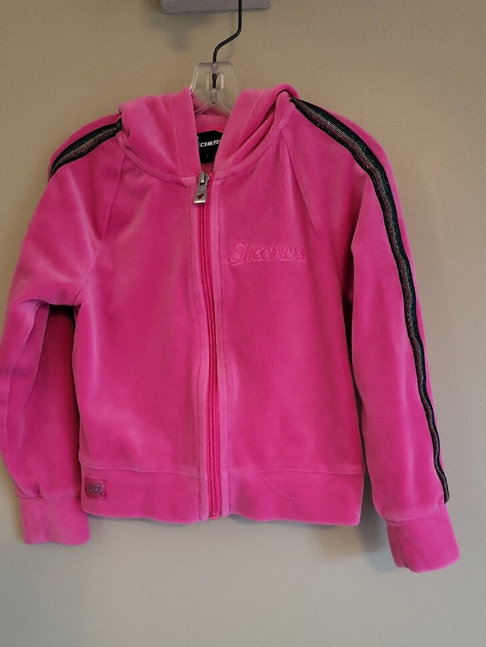 Skechers hot pink velour zip up hoodie with contrast sleeve stripe